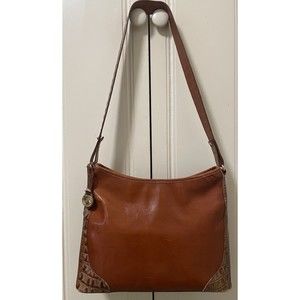 Vintage BRAHMIN COGNAC British Tan Croc Embossed Leather Shoulder Bag Purse